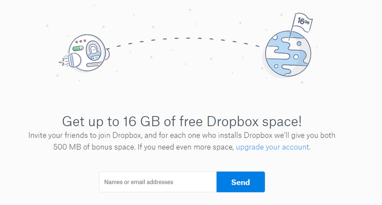 The Dropbox interface showing the 'Get free space' referral offer